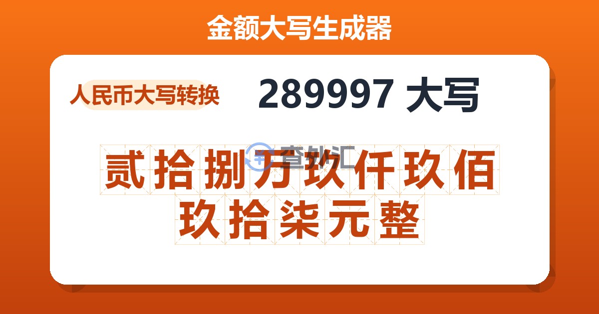 289997大写 贰拾捌万玖仟玖佰玖拾柒元整