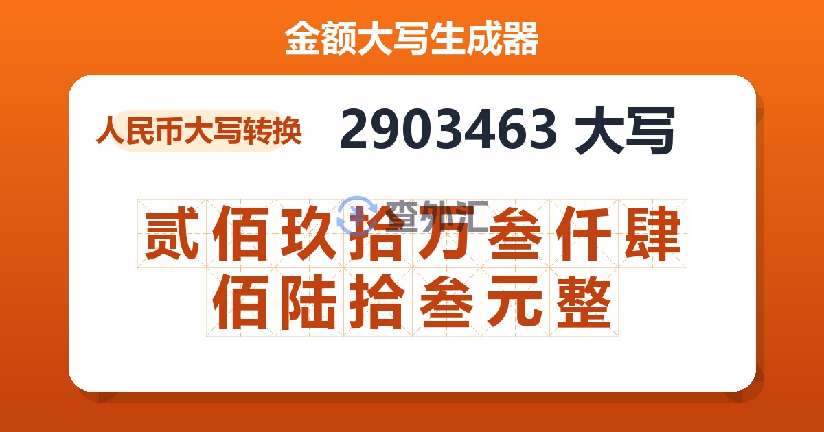 2903463大写 贰佰玖拾万叁仟肆佰陆拾叁元整