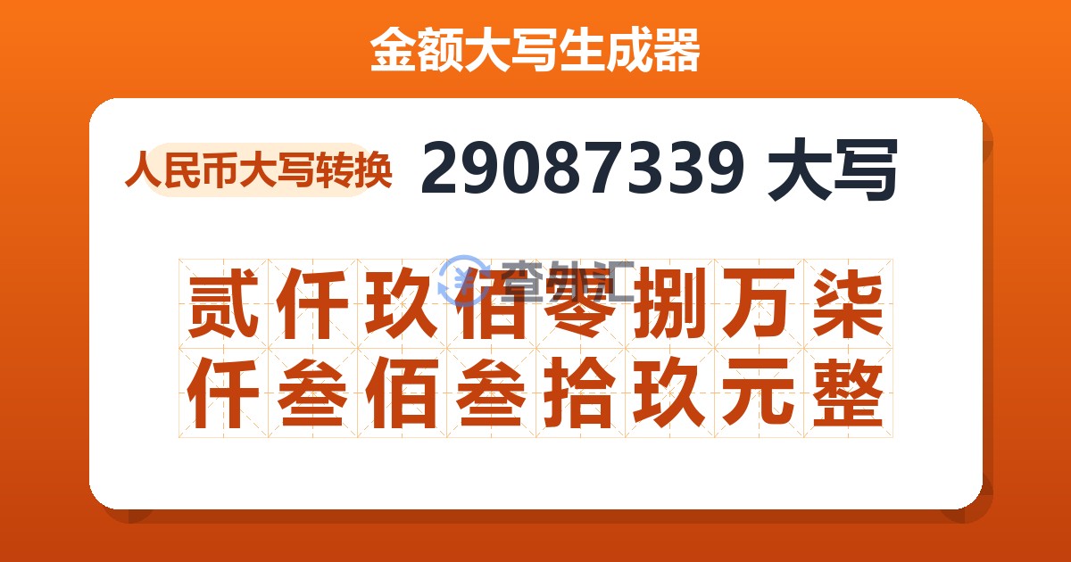 29087339大写 贰仟玖佰零捌万柒仟叁佰叁拾玖元整