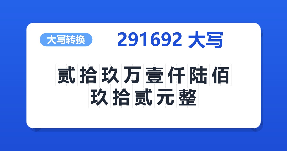 291692大写 贰拾玖万壹仟陆佰玖拾贰元整