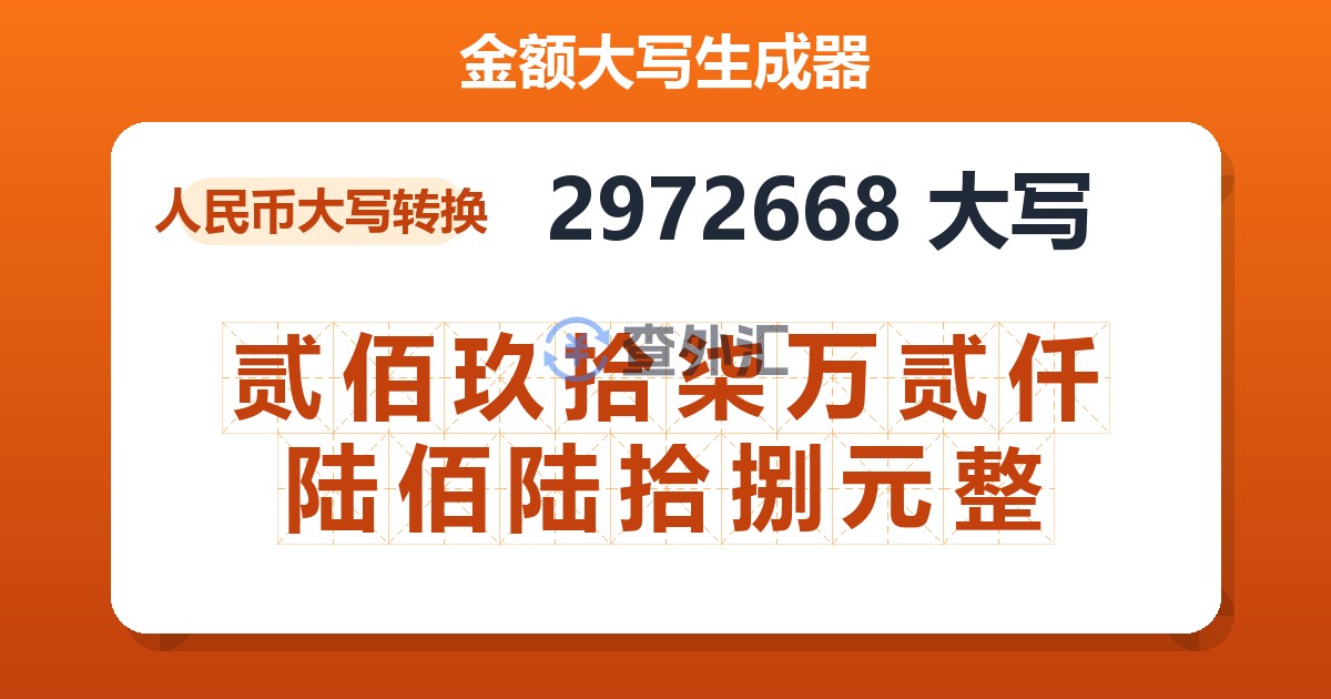 2972668大写 贰佰玖拾柒万贰仟陆佰陆拾捌元整