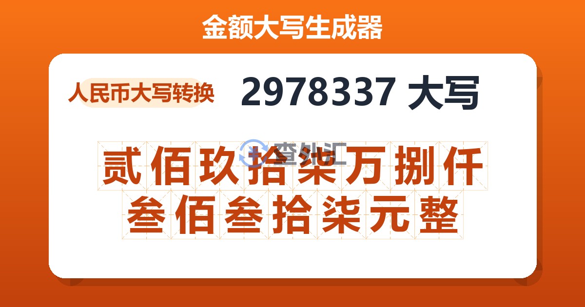 2978337大写 贰佰玖拾柒万捌仟叁佰叁拾柒元整