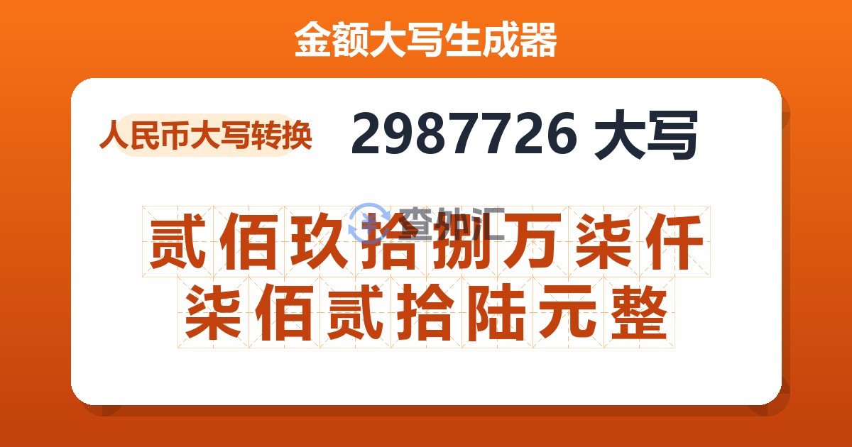 2987726大写 贰佰玖拾捌万柒仟柒佰贰拾陆元整