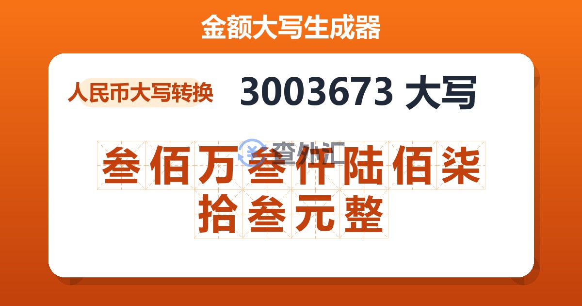3003673大写 叁佰万叁仟陆佰柒拾叁元整