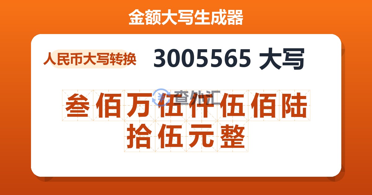 3005565大写 叁佰万伍仟伍佰陆拾伍元整