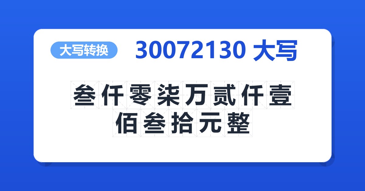 30072130大写 叁仟零柒万贰仟壹佰叁拾元整