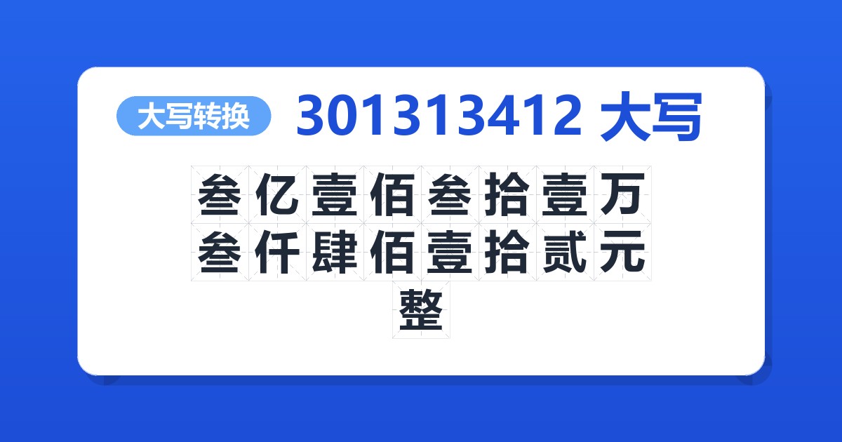 301313412大写 叁亿壹佰叁拾壹万叁仟肆佰壹拾贰元整