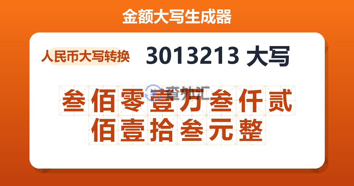 3013213大写 叁佰零壹万叁仟贰佰壹拾叁元整