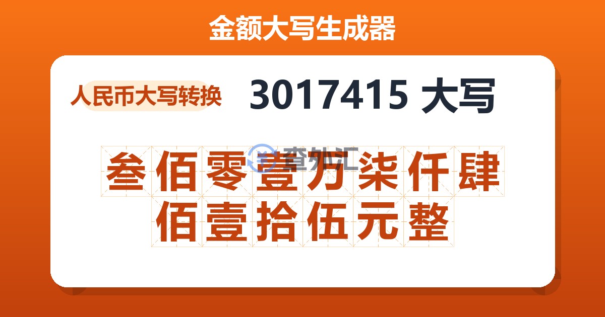 3017415大写 叁佰零壹万柒仟肆佰壹拾伍元整