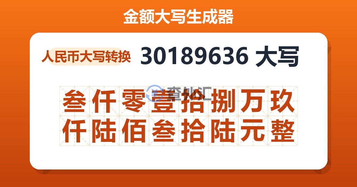 30189636大写 叁仟零壹拾捌万玖仟陆佰叁拾陆元整