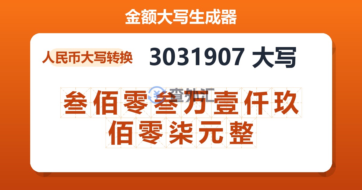 3031907大写 叁佰零叁万壹仟玖佰零柒元整