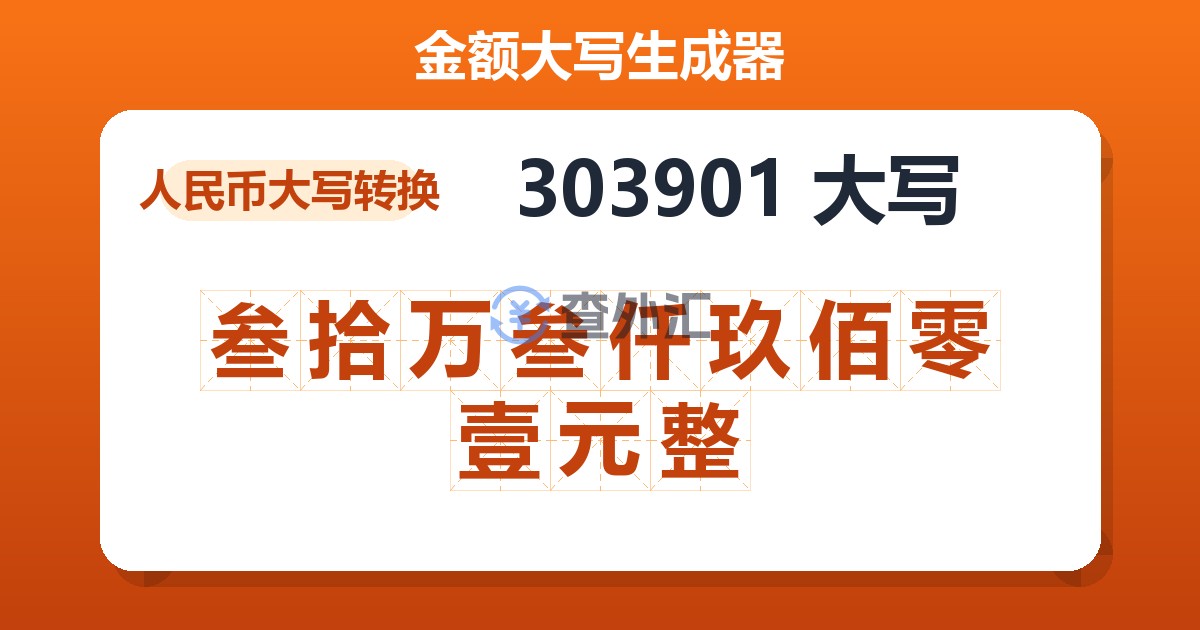 303901大写 叁拾万叁仟玖佰零壹元整