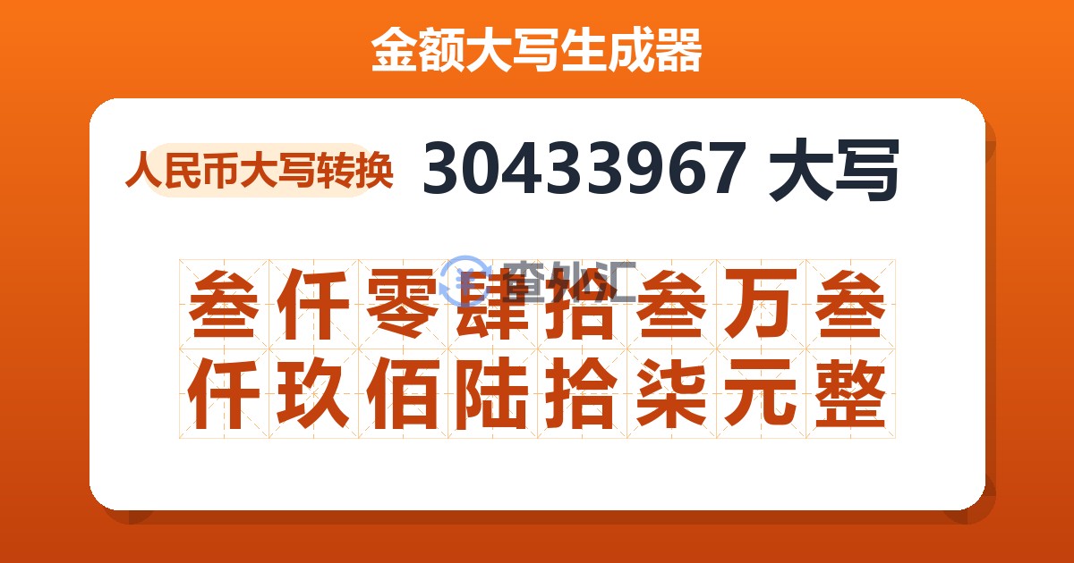 30433967大写 叁仟零肆拾叁万叁仟玖佰陆拾柒元整