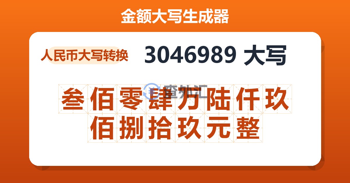 3046989大写 叁佰零肆万陆仟玖佰捌拾玖元整