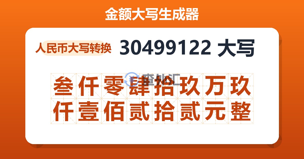 30499122大写 叁仟零肆拾玖万玖仟壹佰贰拾贰元整