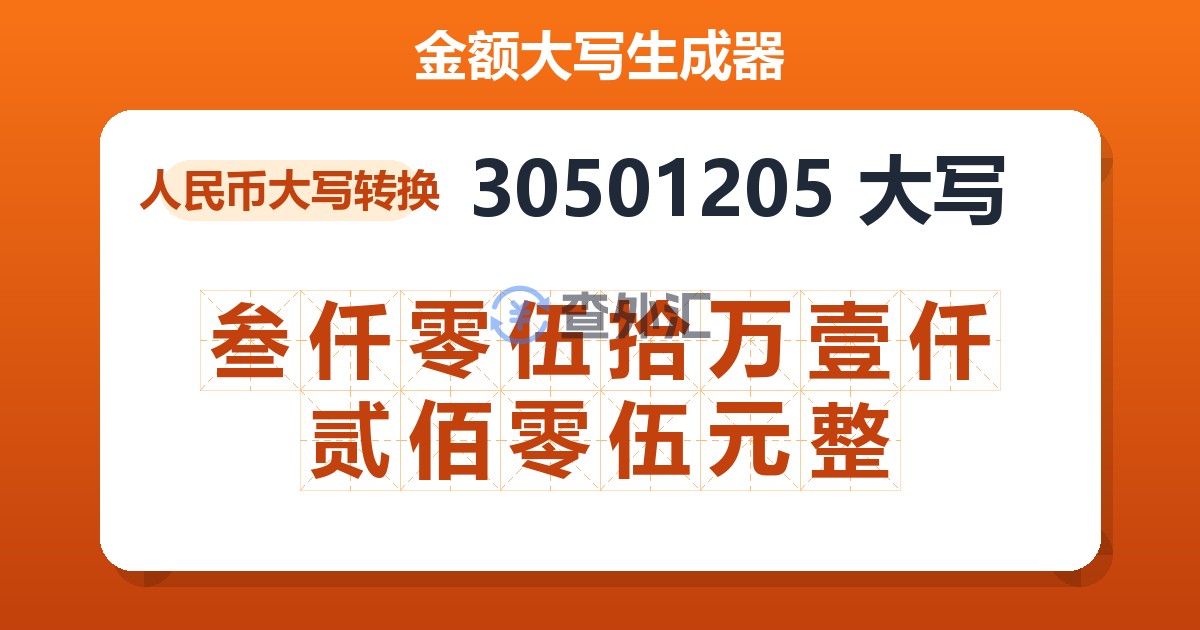 30501205大写 叁仟零伍拾万壹仟贰佰零伍元整