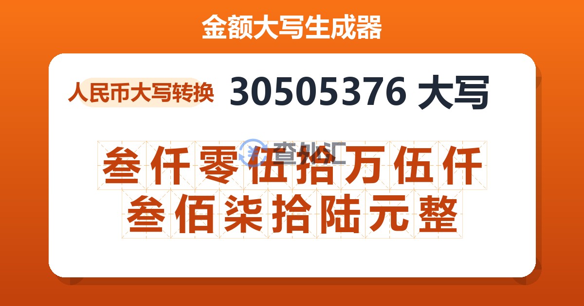 30505376大写 叁仟零伍拾万伍仟叁佰柒拾陆元整