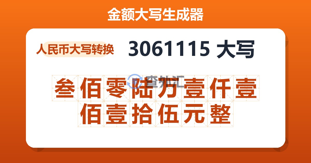 3061115大写 叁佰零陆万壹仟壹佰壹拾伍元整