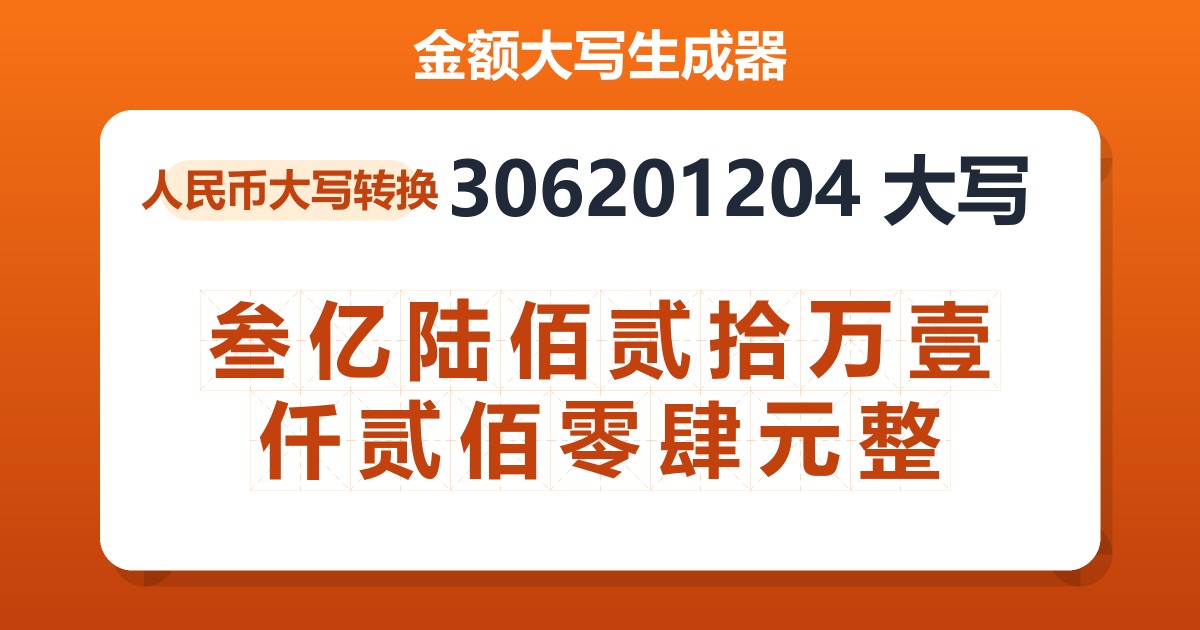 306201204大写 叁亿陆佰贰拾万壹仟贰佰零肆元整