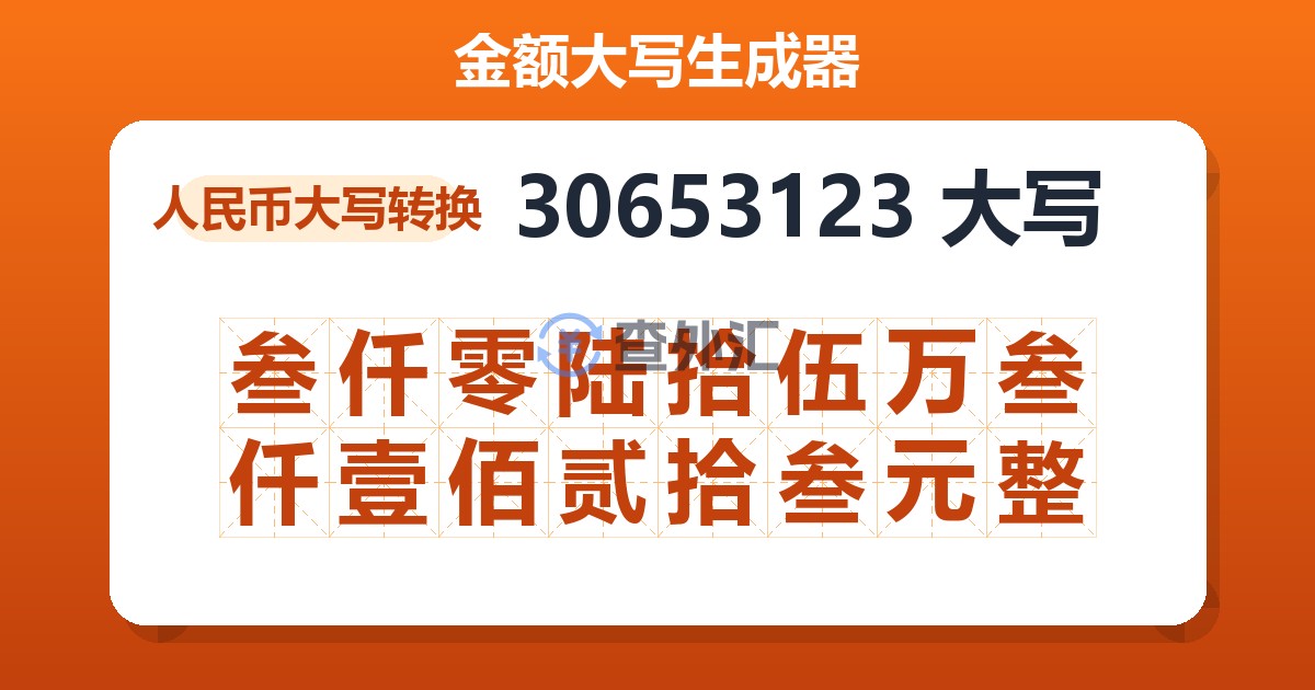 30653123大写 叁仟零陆拾伍万叁仟壹佰贰拾叁元整