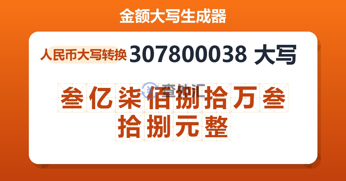 307800038大写 叁亿柒佰捌拾万叁拾捌元整