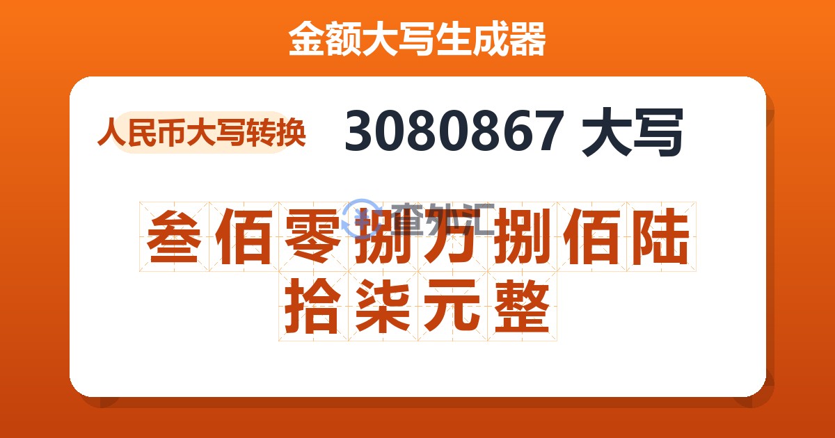 3080867大写 叁佰零捌万捌佰陆拾柒元整