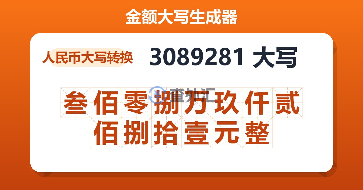 3089281大写 叁佰零捌万玖仟贰佰捌拾壹元整