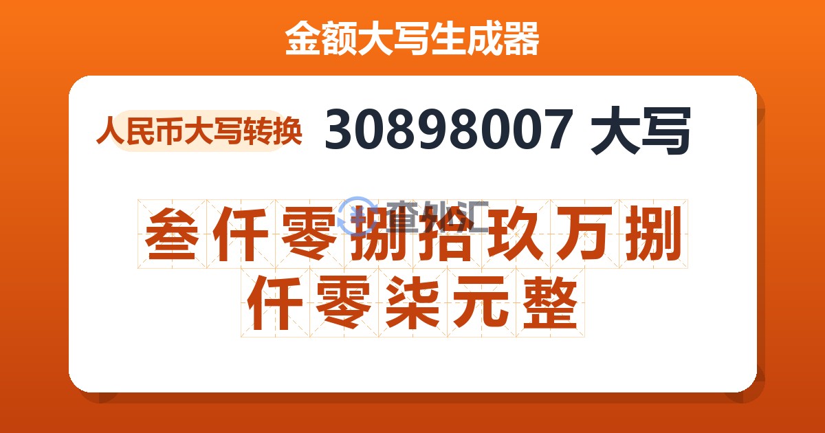30898007大写 叁仟零捌拾玖万捌仟零柒元整