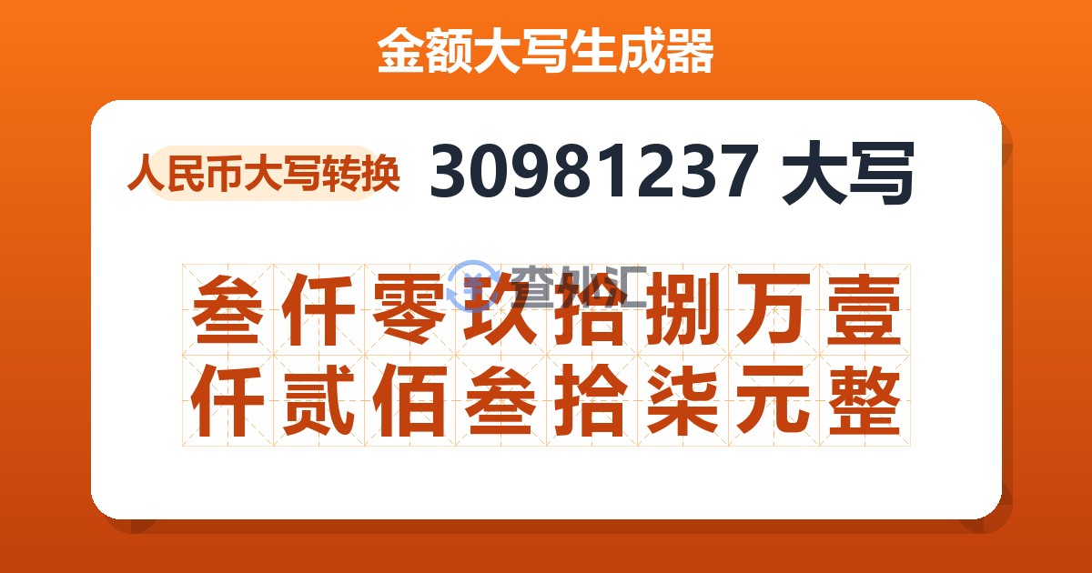 30981237大写 叁仟零玖拾捌万壹仟贰佰叁拾柒元整