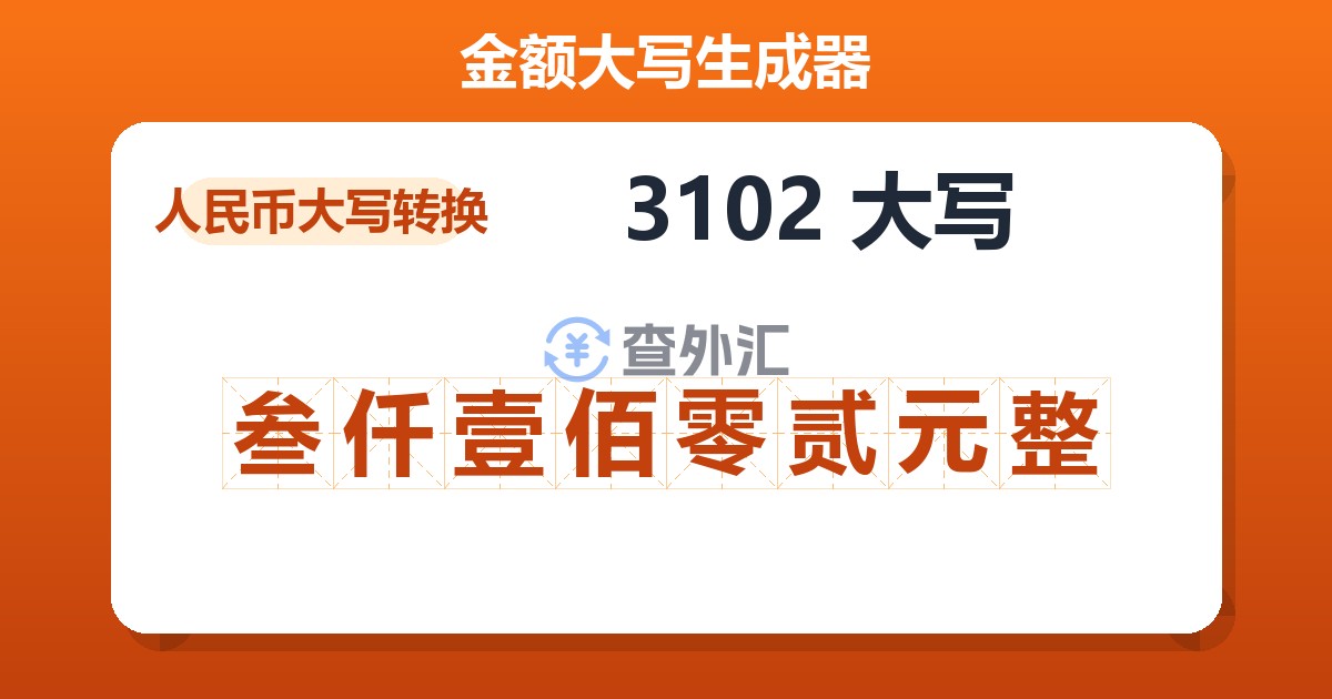 3102大写 叁仟壹佰零贰元整