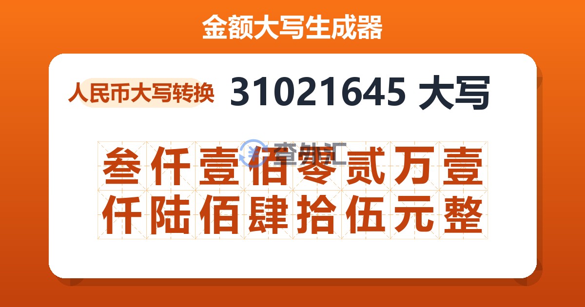 31021645大写 叁仟壹佰零贰万壹仟陆佰肆拾伍元整