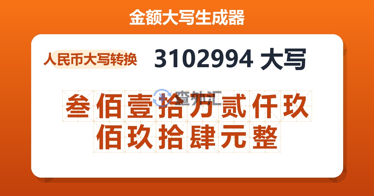 3102994大写 叁佰壹拾万贰仟玖佰玖拾肆元整
