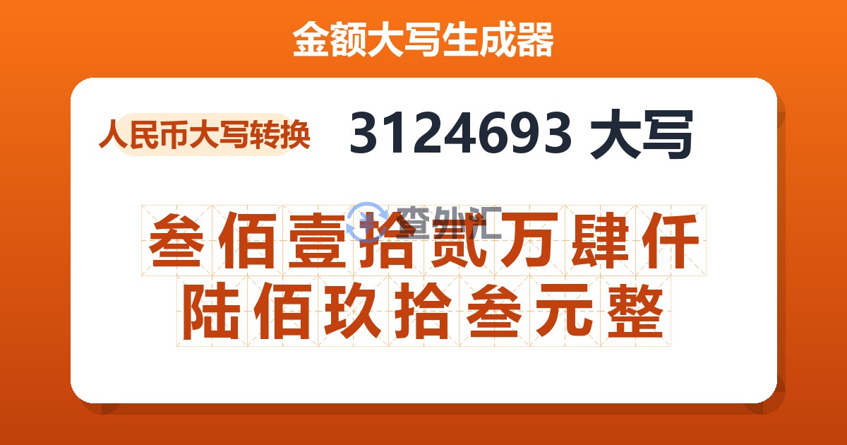3124693大写 叁佰壹拾贰万肆仟陆佰玖拾叁元整