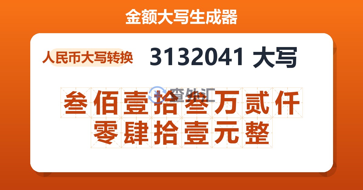 3132041大写 叁佰壹拾叁万贰仟零肆拾壹元整