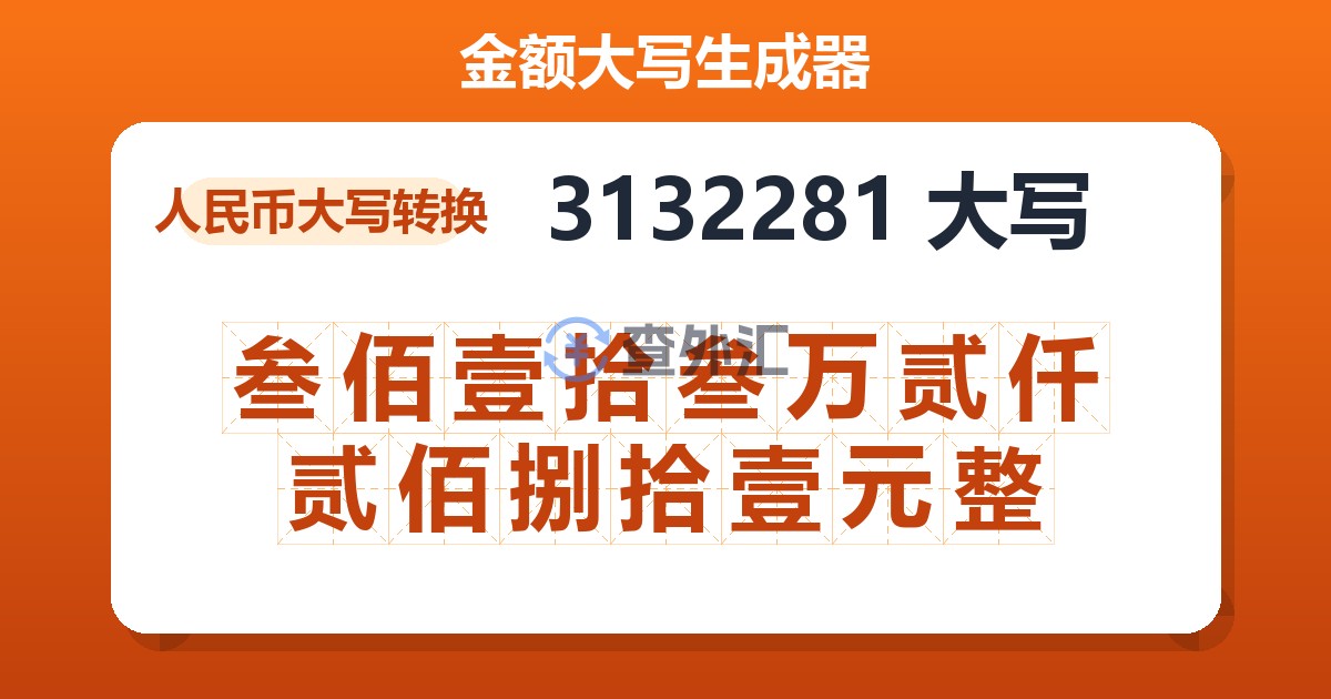 3132281大写 叁佰壹拾叁万贰仟贰佰捌拾壹元整