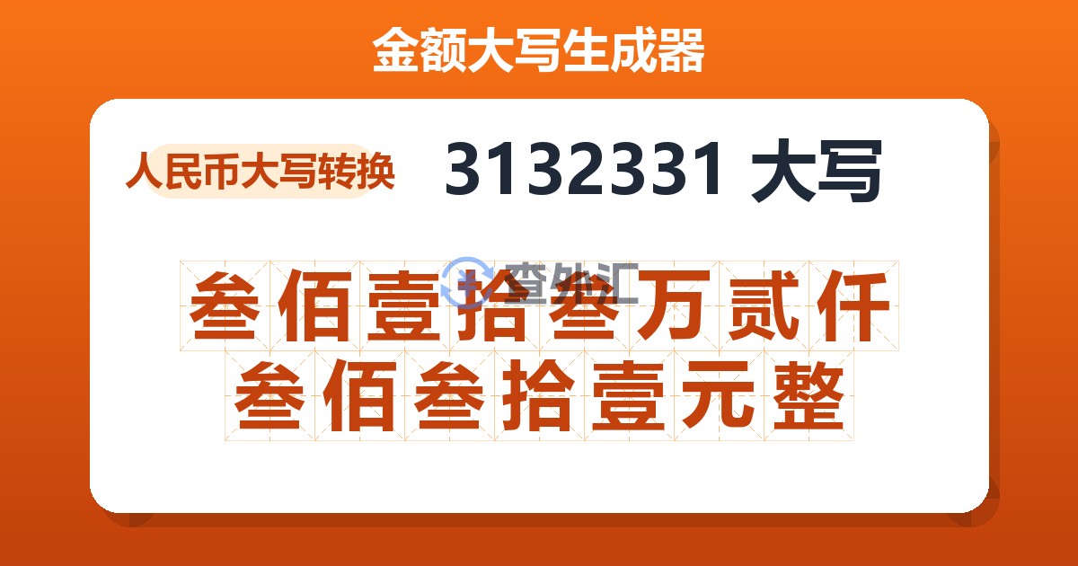 3132331大写 叁佰壹拾叁万贰仟叁佰叁拾壹元整