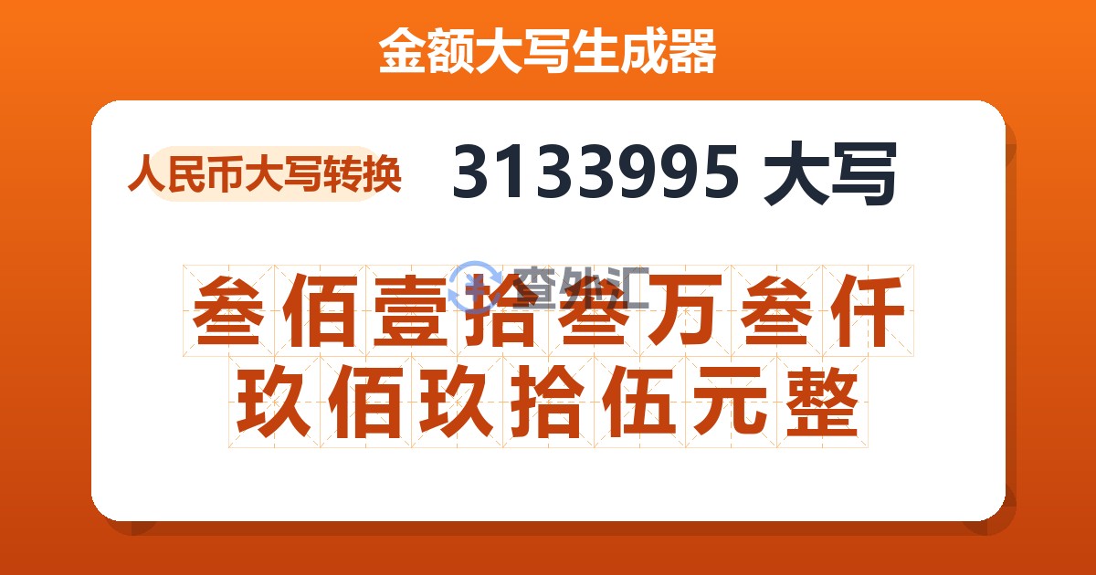 3133995大写 叁佰壹拾叁万叁仟玖佰玖拾伍元整