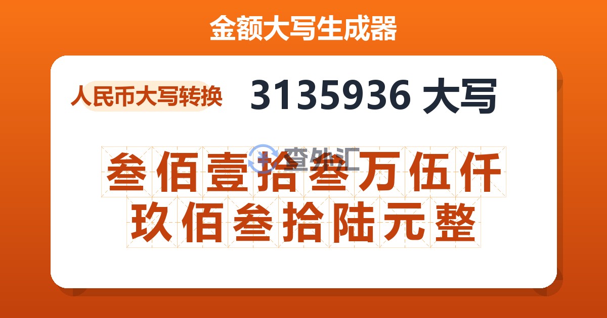 3135936大写 叁佰壹拾叁万伍仟玖佰叁拾陆元整