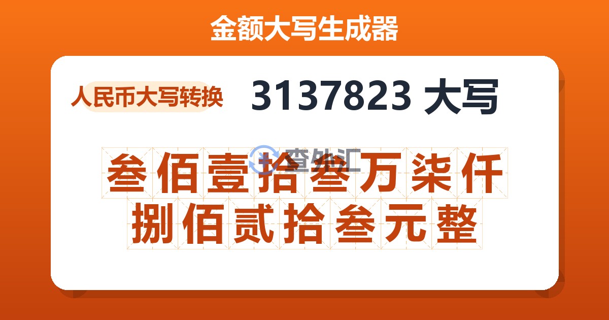 3137823大写 叁佰壹拾叁万柒仟捌佰贰拾叁元整