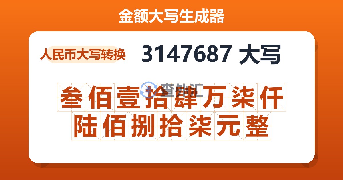 3147687大写 叁佰壹拾肆万柒仟陆佰捌拾柒元整