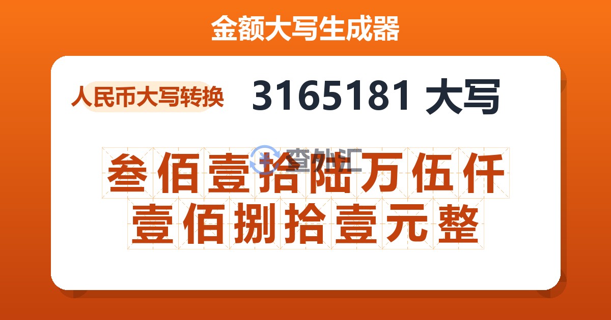 3165181大写 叁佰壹拾陆万伍仟壹佰捌拾壹元整