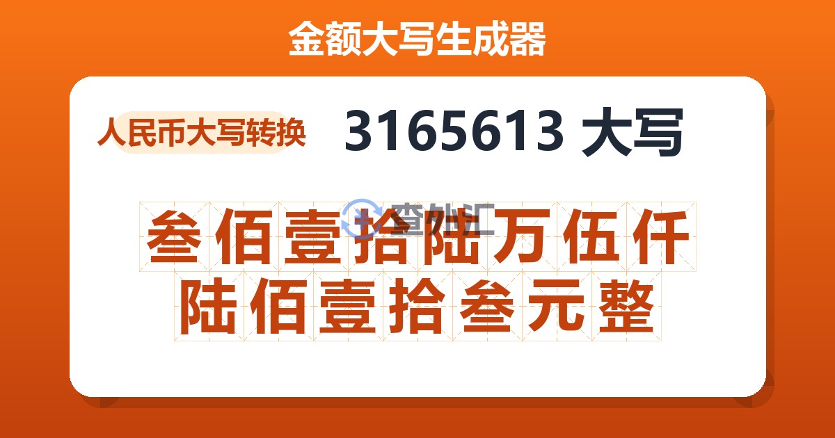 3165613大写 叁佰壹拾陆万伍仟陆佰壹拾叁元整