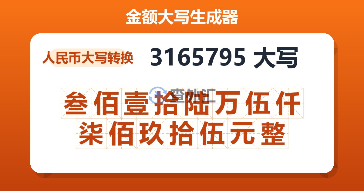 3165795大写 叁佰壹拾陆万伍仟柒佰玖拾伍元整