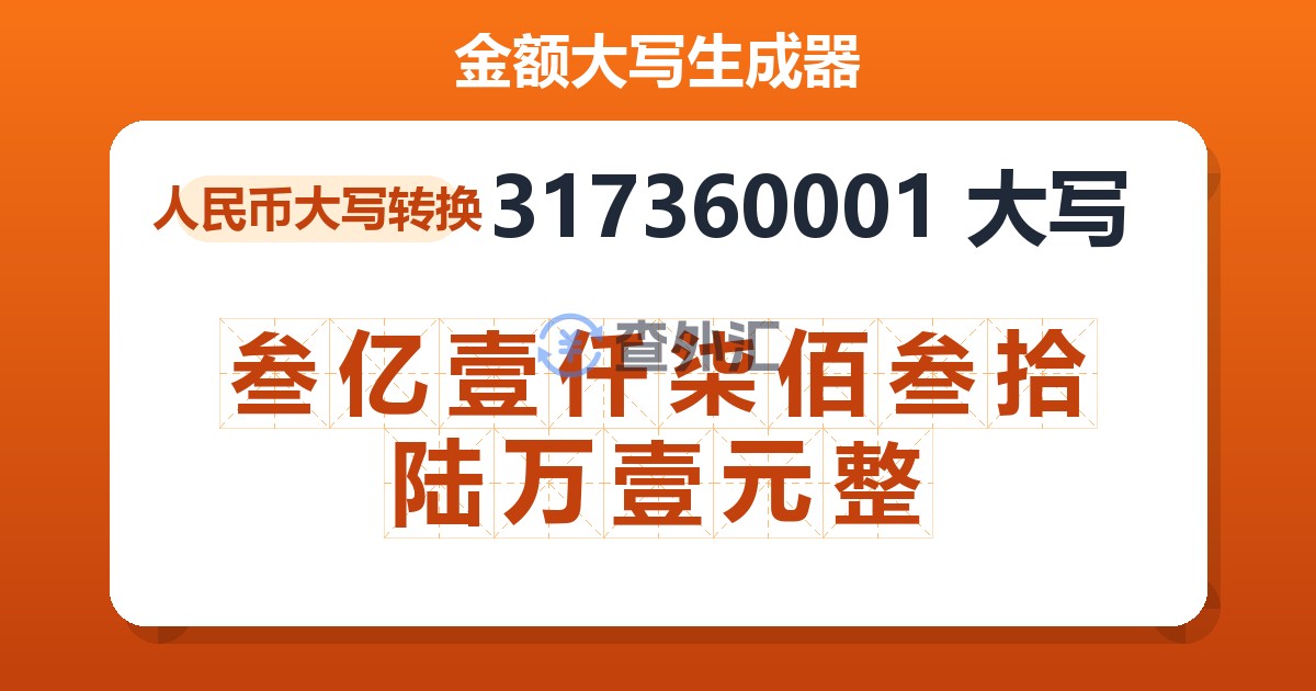 317360001大写 叁亿壹仟柒佰叁拾陆万壹元整