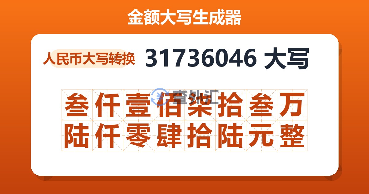 31736046大写 叁仟壹佰柒拾叁万陆仟零肆拾陆元整