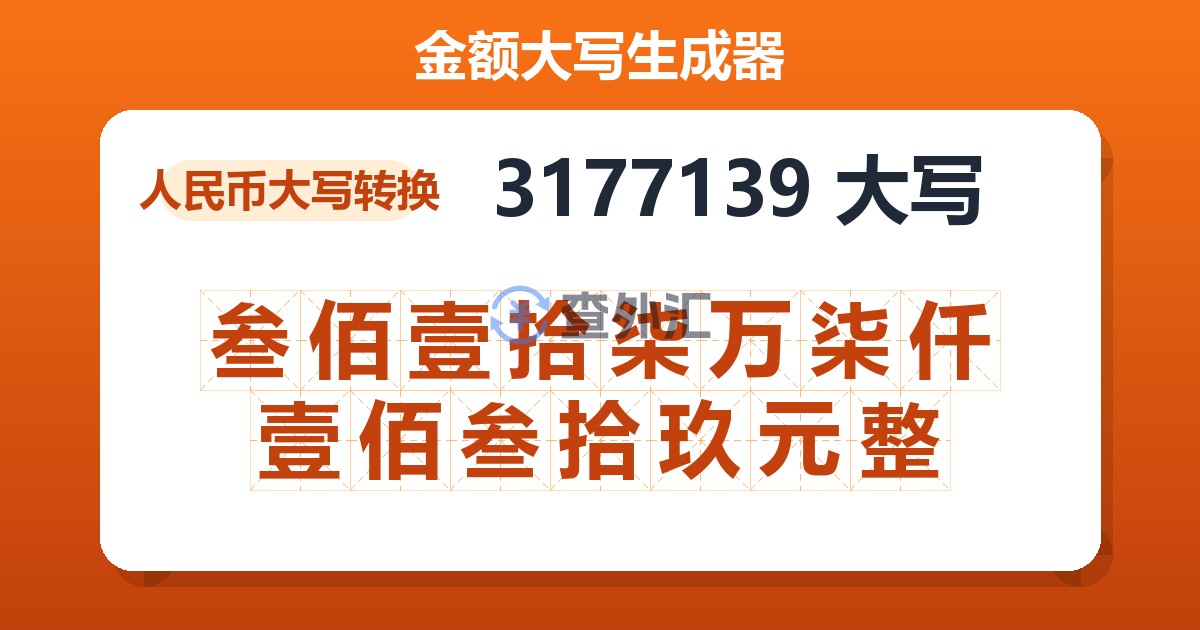 3177139大写 叁佰壹拾柒万柒仟壹佰叁拾玖元整