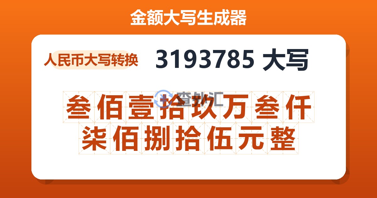 3193785大写 叁佰壹拾玖万叁仟柒佰捌拾伍元整