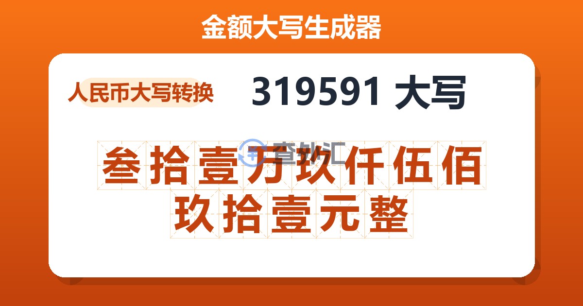319591大写 叁拾壹万玖仟伍佰玖拾壹元整