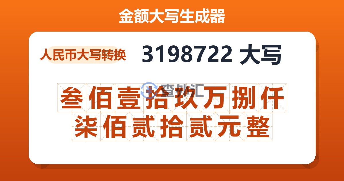 3198722大写 叁佰壹拾玖万捌仟柒佰贰拾贰元整