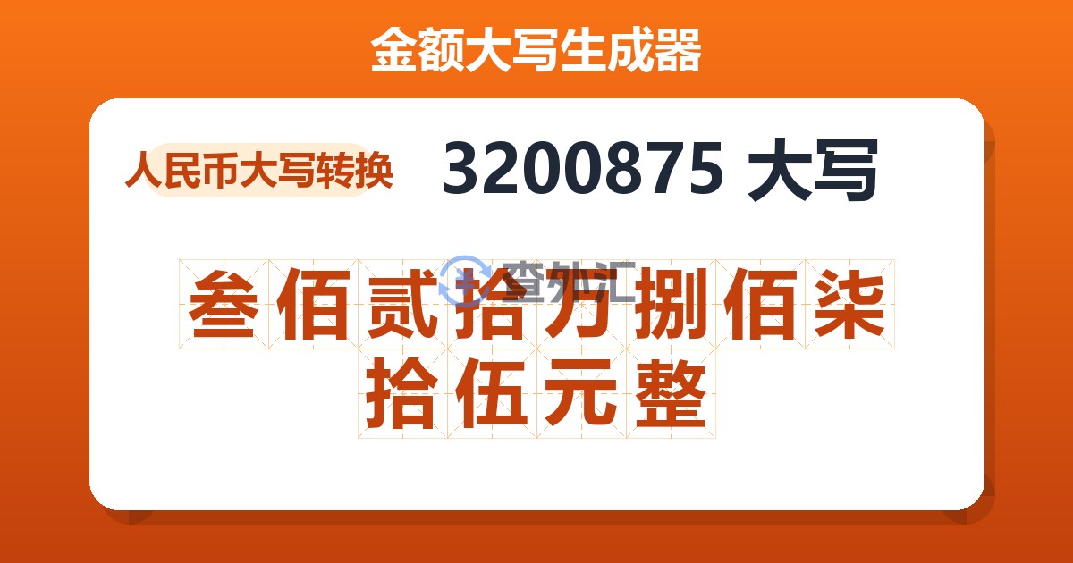 3200875大写 叁佰贰拾万捌佰柒拾伍元整